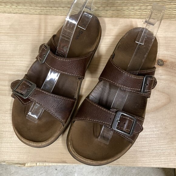 L.L. Bean Eco Comfort Shoes Women's 8M Brown Leather Two‎ Strap Buckle Sandals - Picture 1 of 8